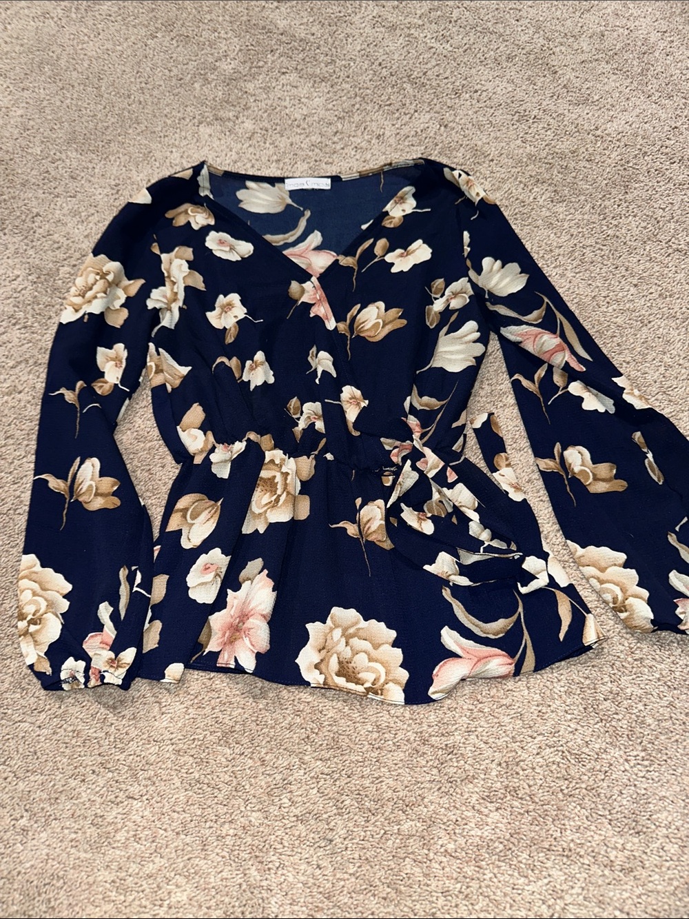 Moa Moa Navy Floral Tie-Waist Blouse with Cream and Blush Flowers